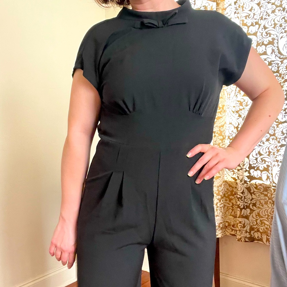 Vintage cap sleeve tuxedo wide-leg jumpsuit with bow